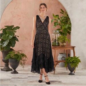 Sundance Chaps De Fleur Ruffle‎ Lace Sleeveless Midi Dress Black Medium